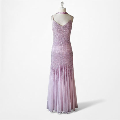 Vintage Y2K Pastel Purple V-Neck Beaded Bodycon Maxi Prom Dress Size M/L