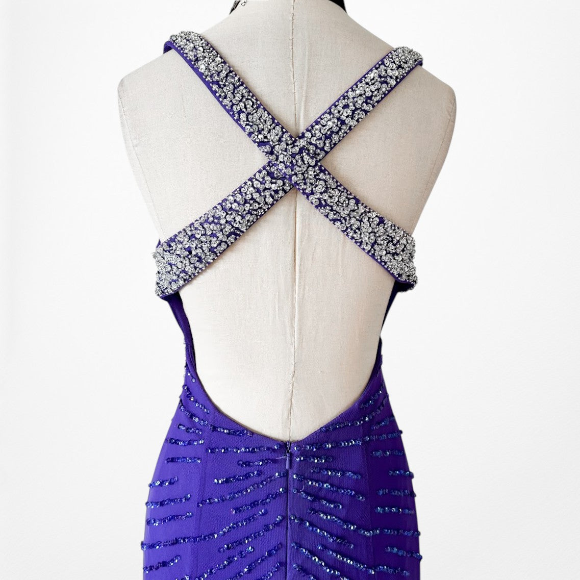 Vintage Y2K Purple Blue V-Neck Beaded Bodycon Maxi Prom Dress Size S