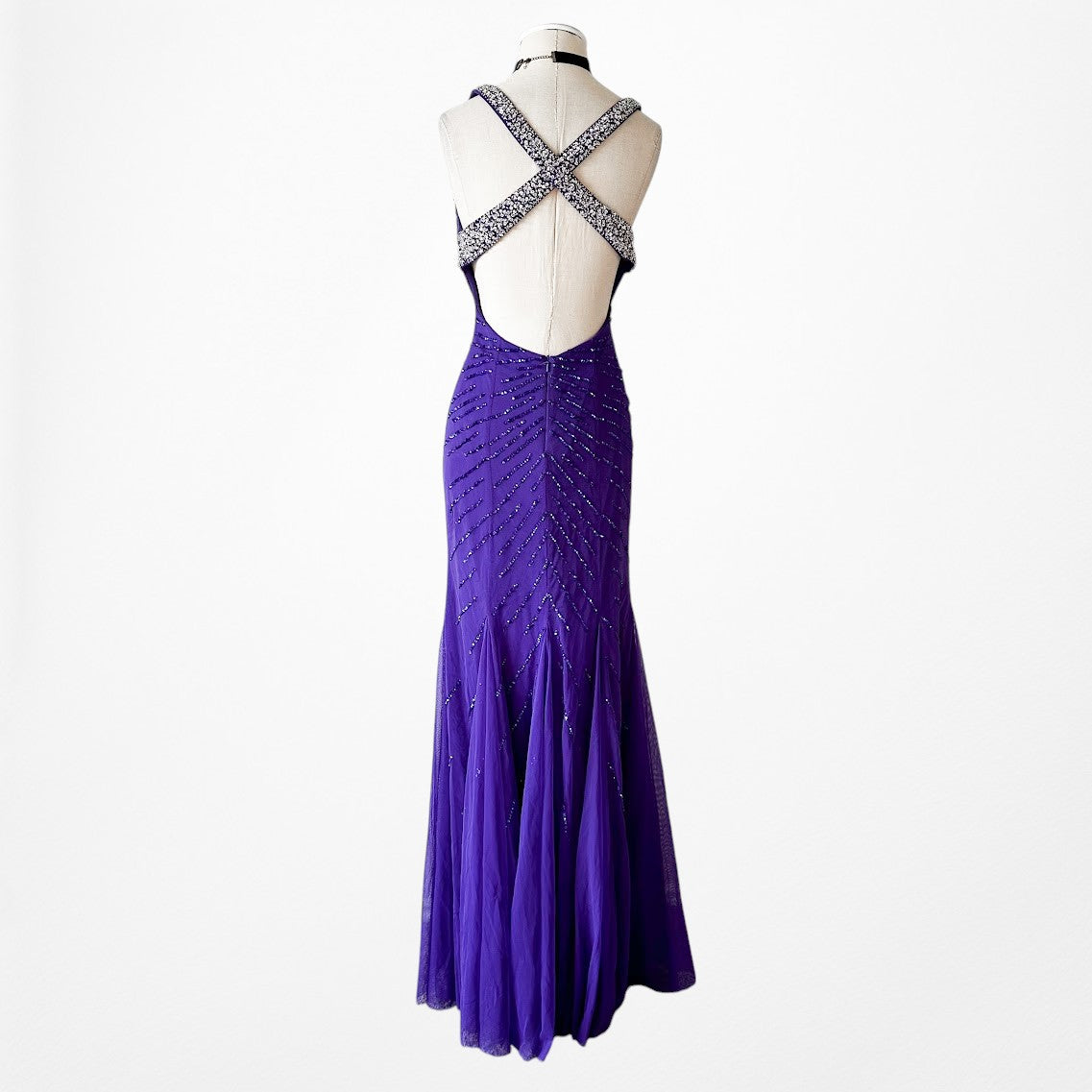 Vintage Y2K Purple Blue V-Neck Beaded Bodycon Maxi Prom Dress Size S