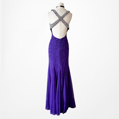 Vintage Y2K Purple Blue V-Neck Beaded Bodycon Maxi Prom Dress Size S