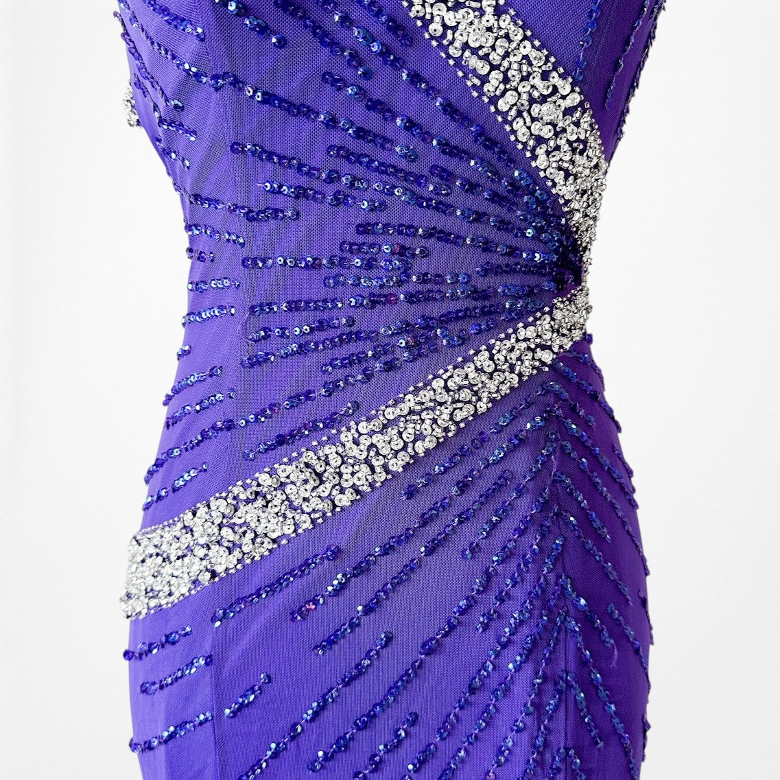 Vintage Y2K Purple Blue V-Neck Beaded Bodycon Maxi Prom Dress Size S