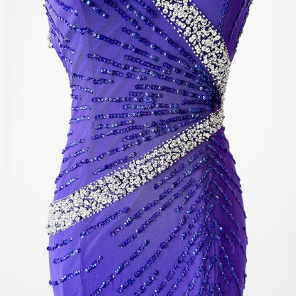 Vintage Y2K Purple Blue V-Neck Beaded Bodycon Maxi Prom Dress Size S