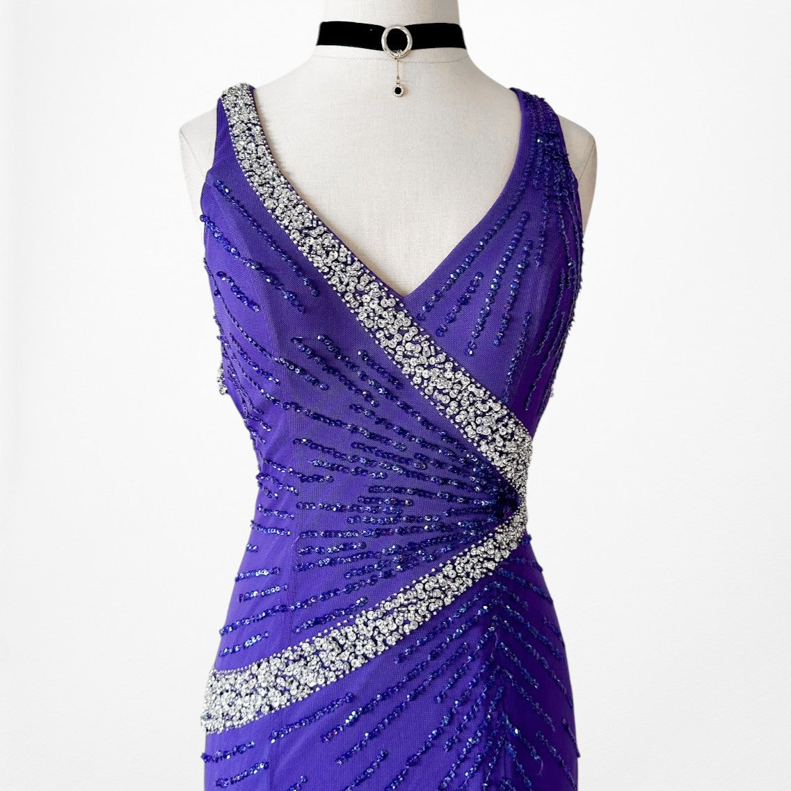 Vintage Y2K Purple Blue V-Neck Beaded Bodycon Maxi Prom Dress Size S