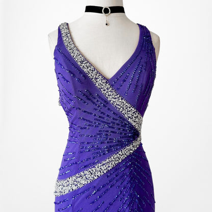 Vintage Y2K Purple Blue V-Neck Beaded Bodycon Maxi Prom Dress Size S