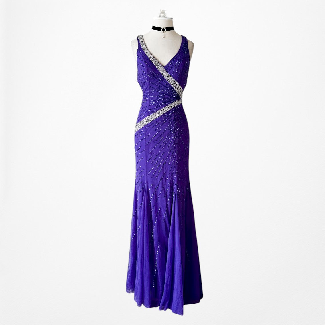 Vintage Y2K Purple Blue V-Neck Beaded Bodycon Maxi Prom Dress Size S