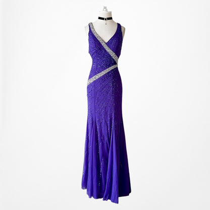 Vintage Y2K Purple Blue V-Neck Beaded Bodycon Maxi Prom Dress Size S