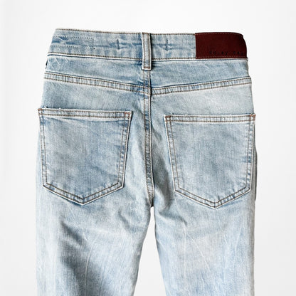 Blue Medium Wash Distressed Destroyed Ripped Knees Flared Jeans Size XS/S