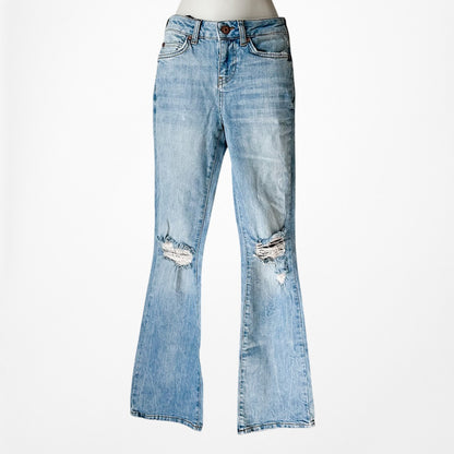 Blue Medium Wash Distressed Destroyed Ripped Knees Flared Jeans Size XS/S