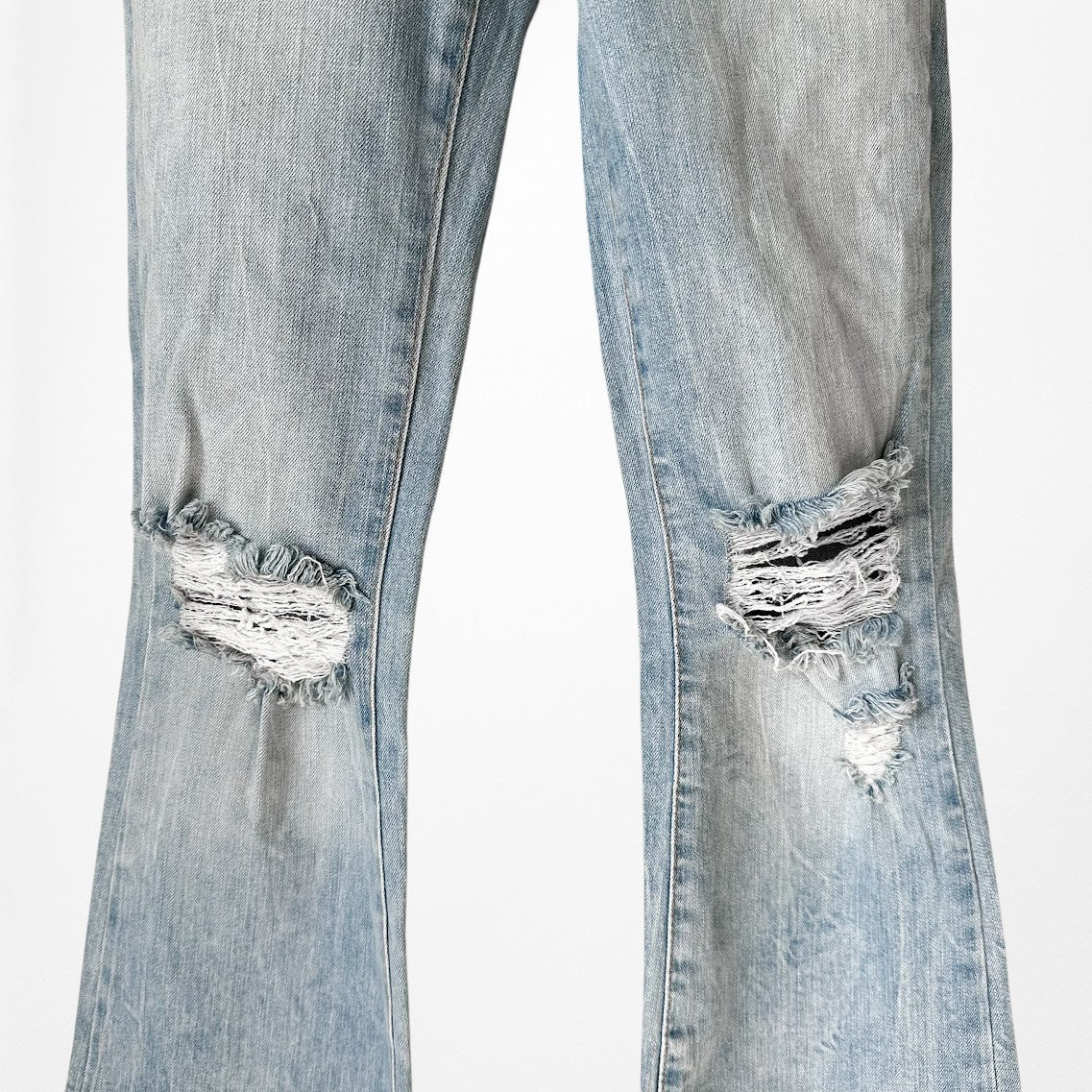 Blue Medium Wash Distressed Destroyed Ripped Knees Flared Jeans Size XS/S