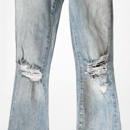 Blue Medium Wash Distressed Destroyed Ripped Knees Flared Jeans Size XS/S