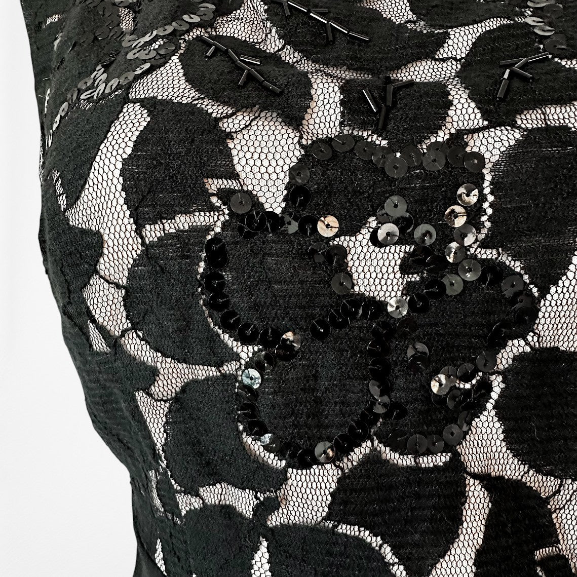 Vintage Y2K Black Lace Sequin Sleeveless Waist Tie Knit Wide Leg Jumpsuit Size M