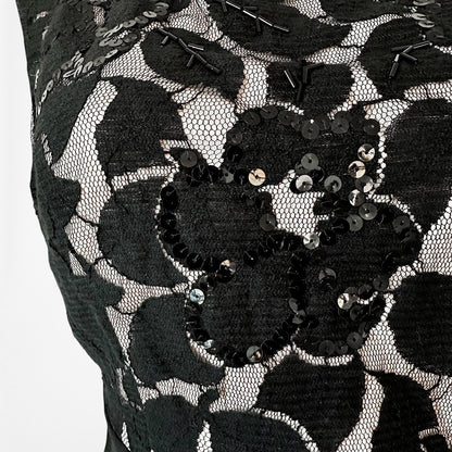 Vintage Y2K Black Lace Sequin Sleeveless Waist Tie Knit Wide Leg Jumpsuit Size M