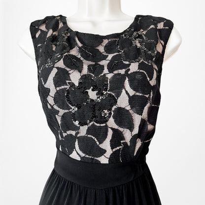 Vintage Y2K Black Lace Sequin Sleeveless Waist Tie Knit Wide Leg Jumpsuit Size M