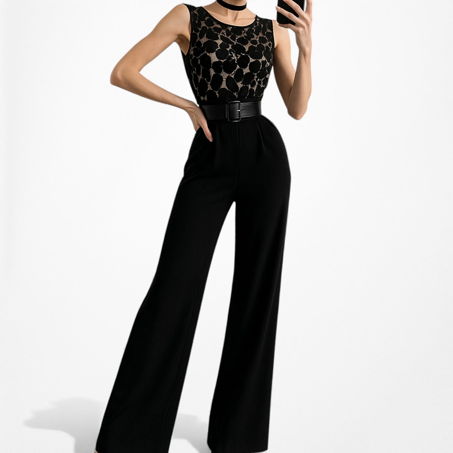 Vintage Y2K Black Lace Sequin Sleeveless Waist Tie Knit Wide Leg Jumpsuit Size M