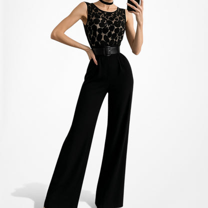 Vintage Y2K Black Lace Sequin Sleeveless Waist Tie Knit Wide Leg Jumpsuit Size M