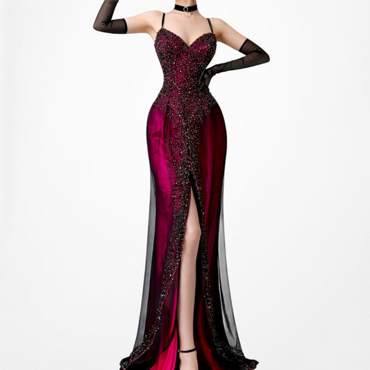 Vintage Y2K Pink Beaded Mesh Slit Front Fit Flared Maxi Prom Dress Size S