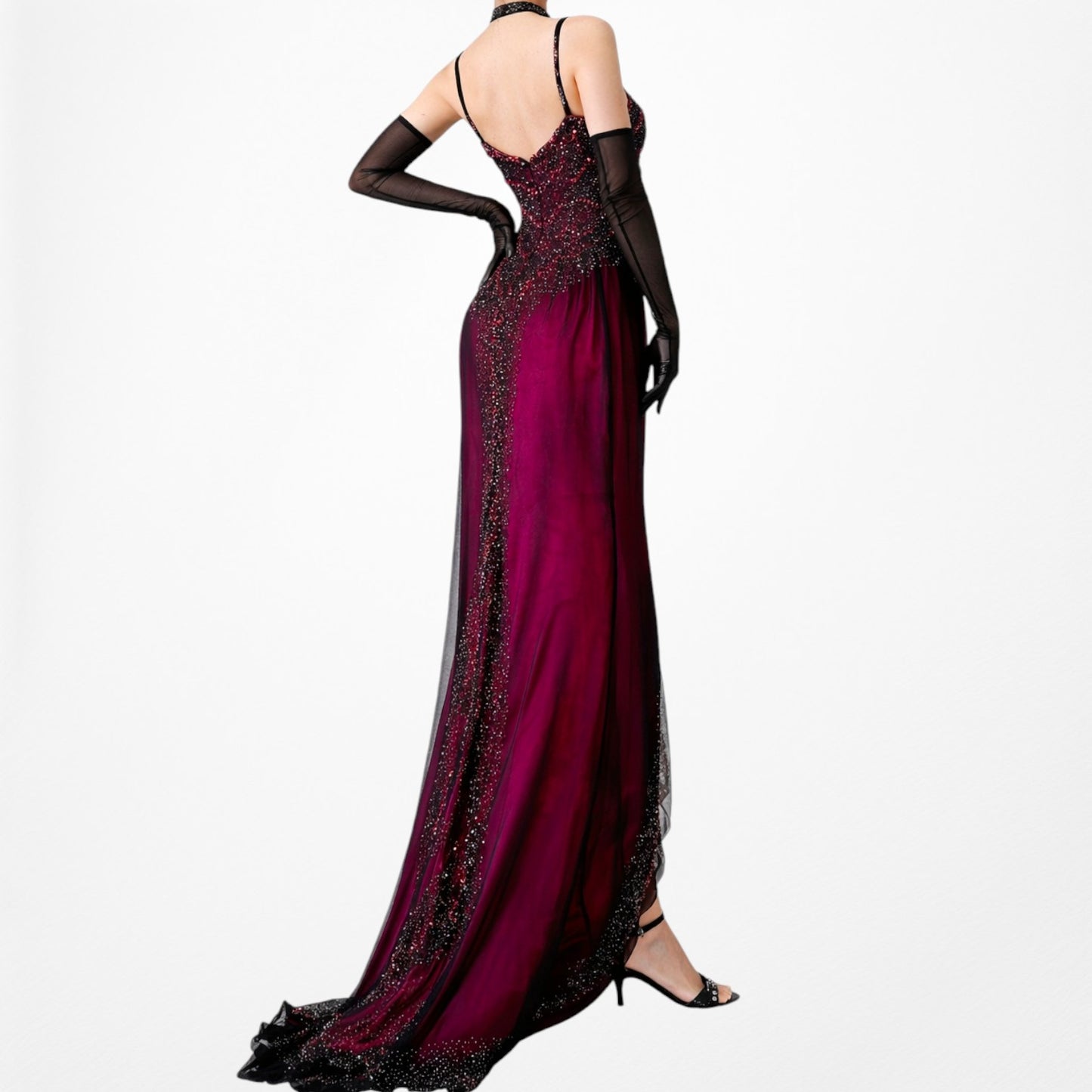 Vintage Y2K Pink Beaded Mesh Slit Front Fit Flared Maxi Prom Dress Size S