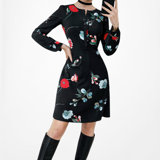 Vintage Y2K Black Long Puffy Sleeve Floral Print Knee Length A-Line Dress Size M