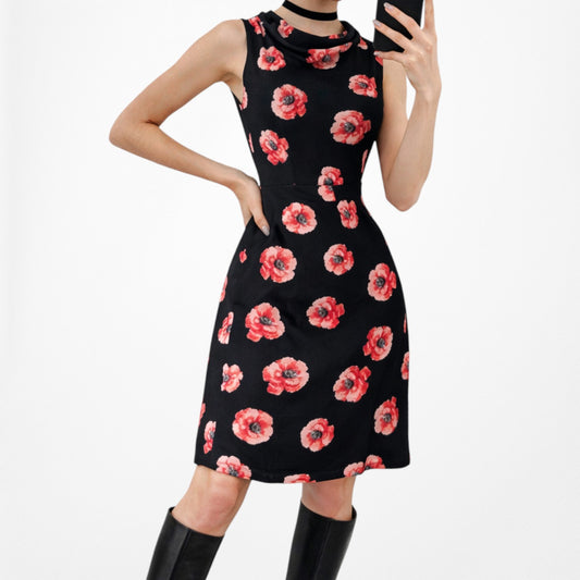 Vintage Y2K Black Red Floral Sleeveless Knee Length Flared A-Line Dress Size M
