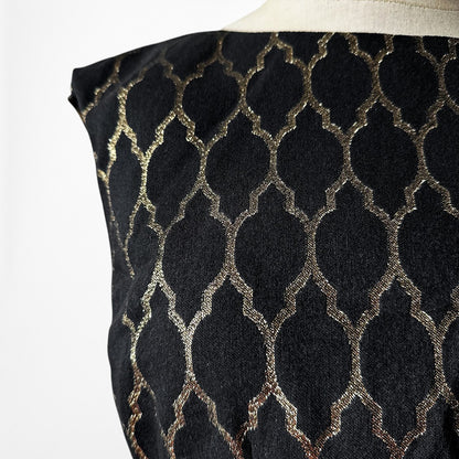 Vintage Y2K Black Gold Print Pattern Knee Length Flared Cocktail Dress Size M