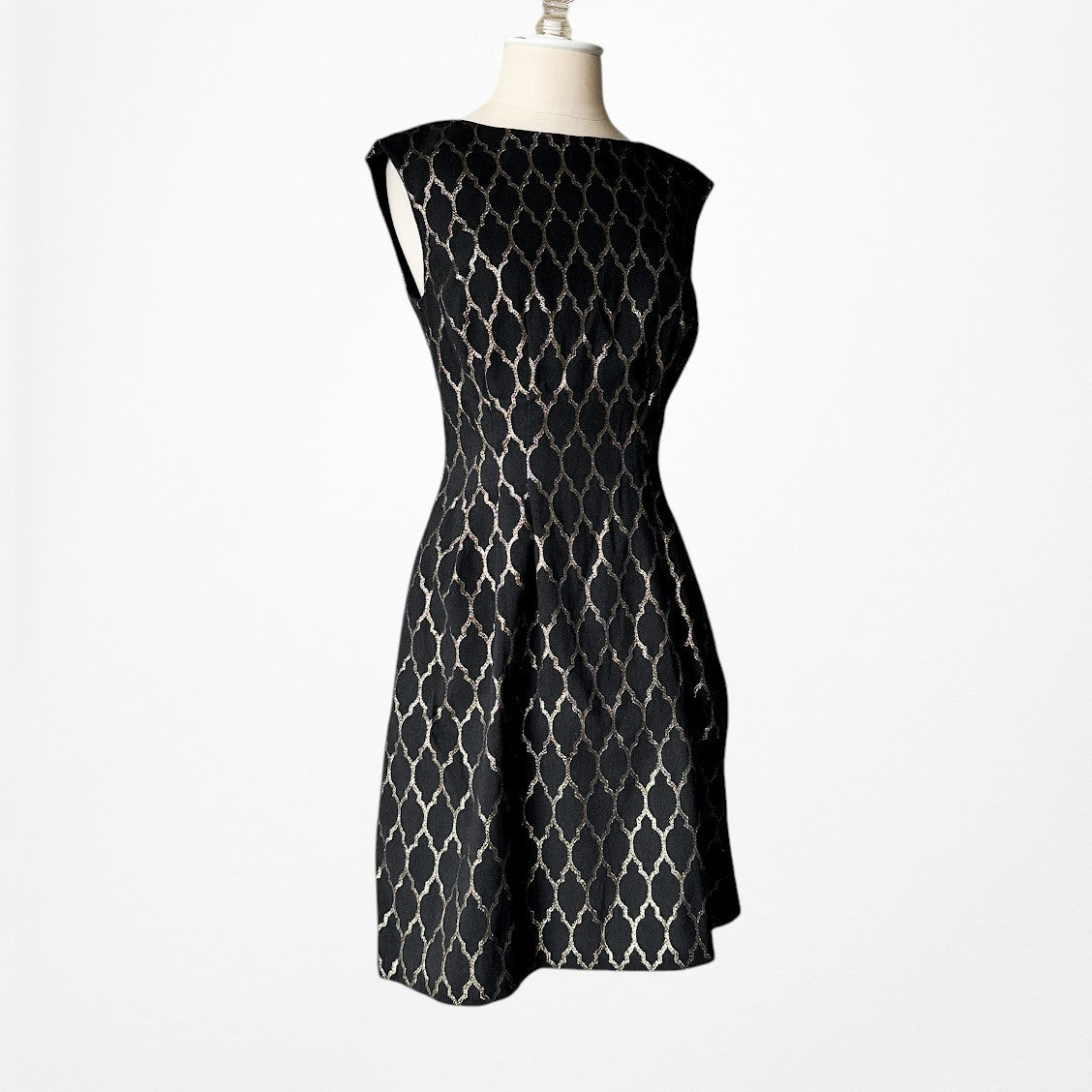 Vintage Y2K Black Gold Print Pattern Knee Length Flared Cocktail Dress Size M