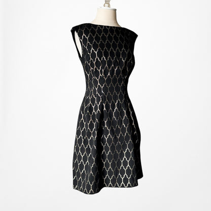 Vintage Y2K Black Gold Print Pattern Knee Length Flared Cocktail Dress Size M