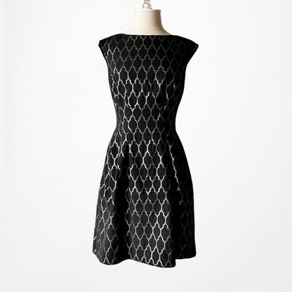 Vintage Y2K Black Gold Print Pattern Knee Length Flared Cocktail Dress Size M