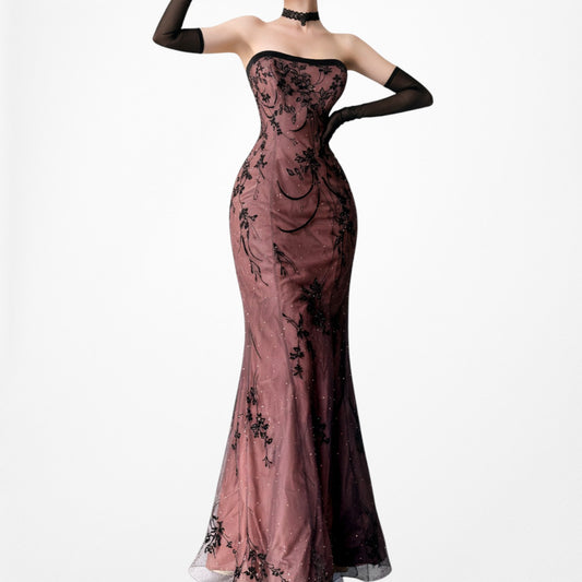 Vintage Y2K Brown Strapless Velvet Floral Mesh Maxi Formal Prom Dress Size S/M