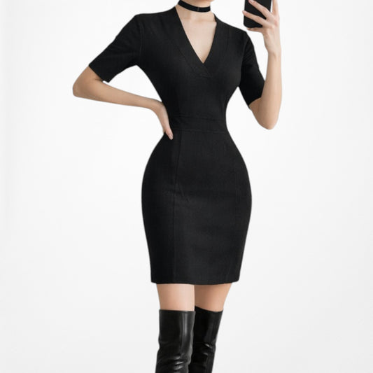 Vintage Y2K Knee Length Knit 3/4 Sleeve V-neck Bodycon Cocktail Dress Size M