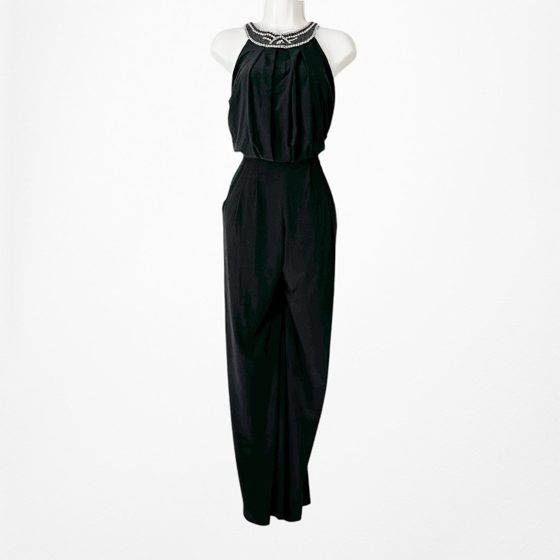 Vintage Y2K Sleeveless Halter Neck Beaded Straight Leg Knit Jumpsuit Size M