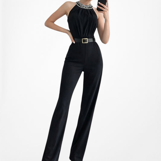 Vintage Y2K Sleeveless Halter Neck Beaded Straight Leg Knit Jumpsuit Size M