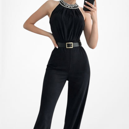 Vintage Y2K Sleeveless Halter Neck Beaded Straight Leg Knit Jumpsuit Size M