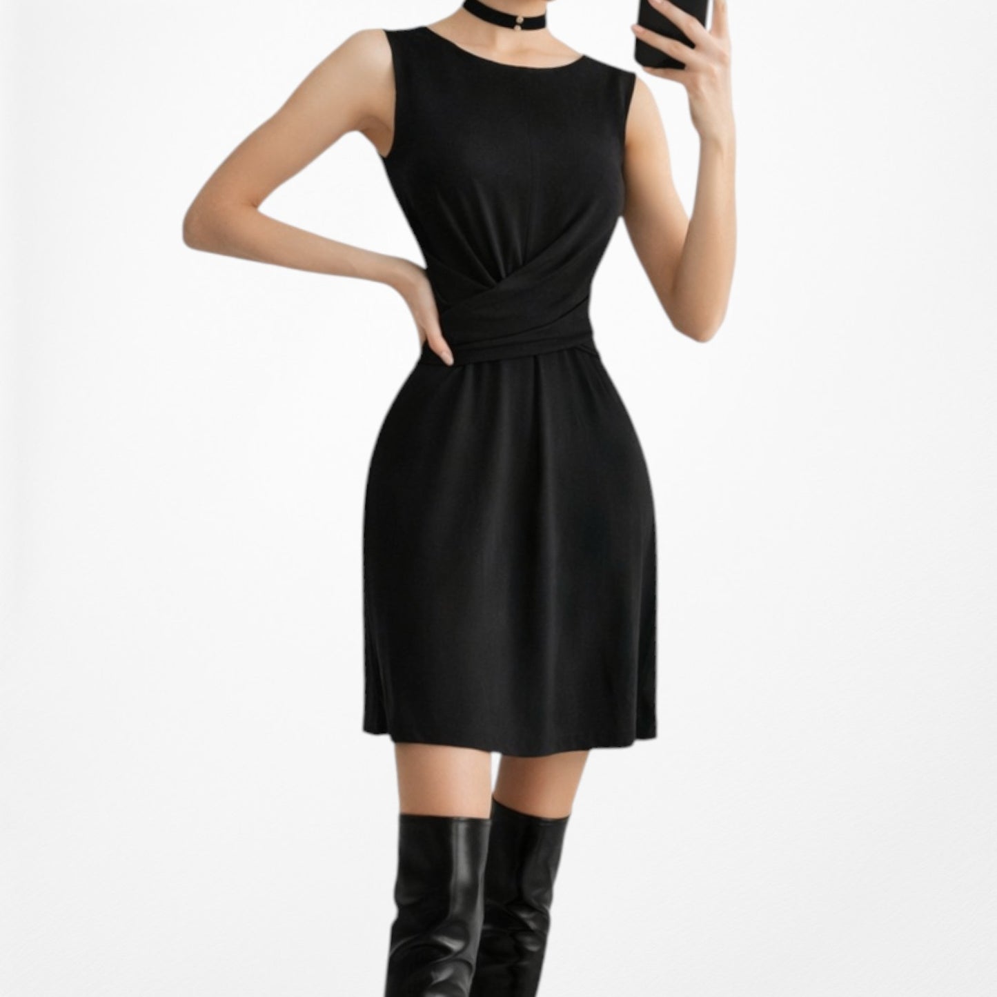 Vintage Y2K Black Sleeveless Pleated Knee Length A-Line Knit Dress Size M