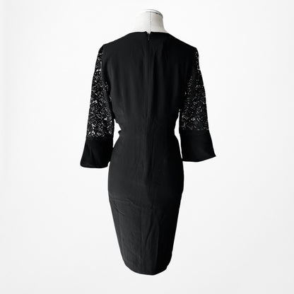 Vintage Y2K Black Long Lace Bell Sleeves Knee Length Cocktail Shift Dress Size M