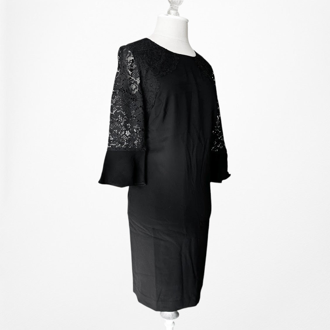 Vintage Y2K Black Long Lace Bell Sleeves Knee Length Cocktail Shift Dress Size M