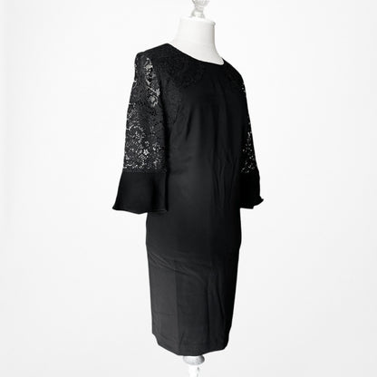 Vintage Y2K Black Long Lace Bell Sleeves Knee Length Cocktail Shift Dress Size M