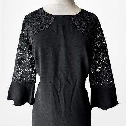 Vintage Y2K Black Long Lace Bell Sleeves Knee Length Cocktail Shift Dress Size M
