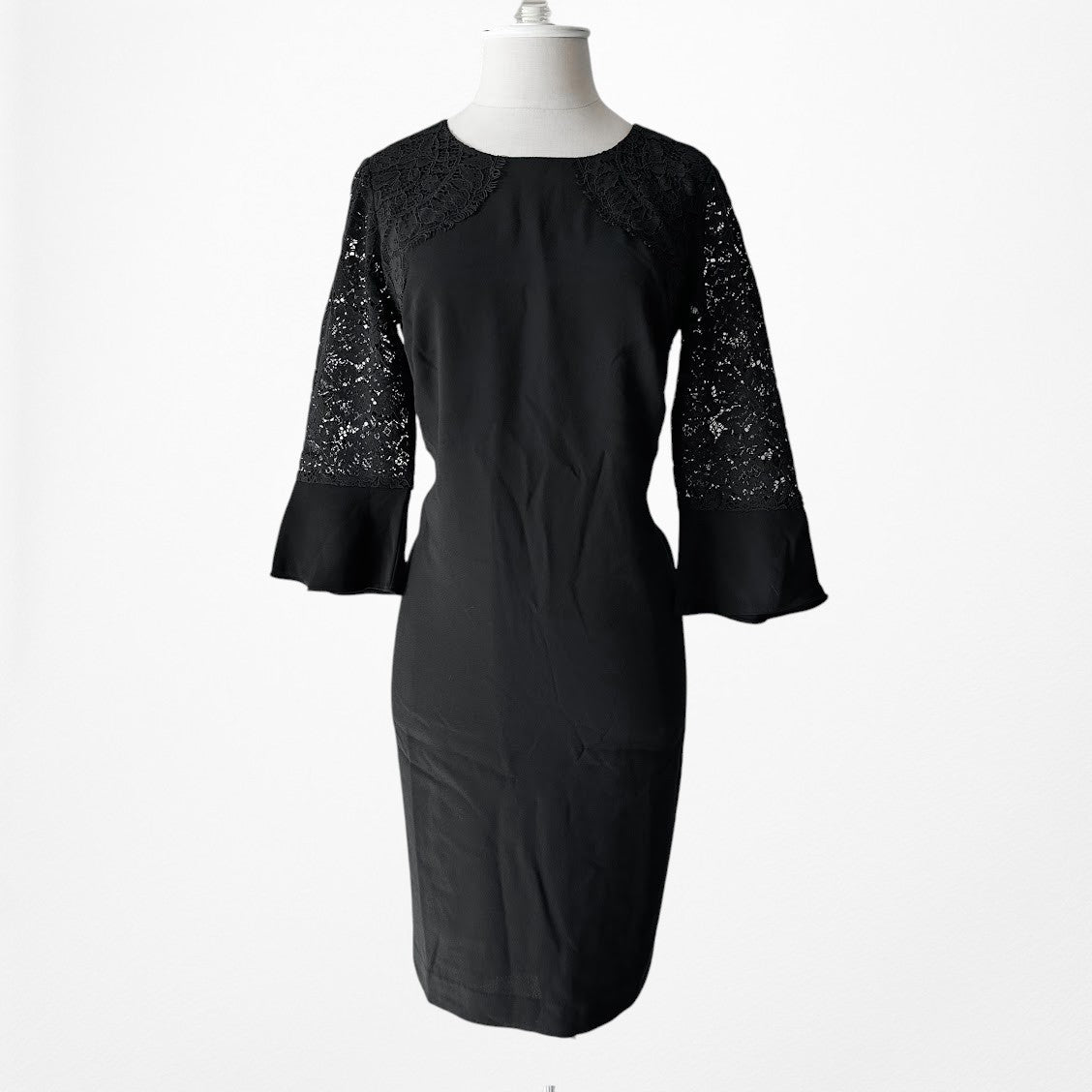 Vintage Y2K Black Long Lace Bell Sleeves Knee Length Cocktail Shift Dress Size M