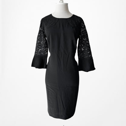 Vintage Y2K Black Long Lace Bell Sleeves Knee Length Cocktail Shift Dress Size M