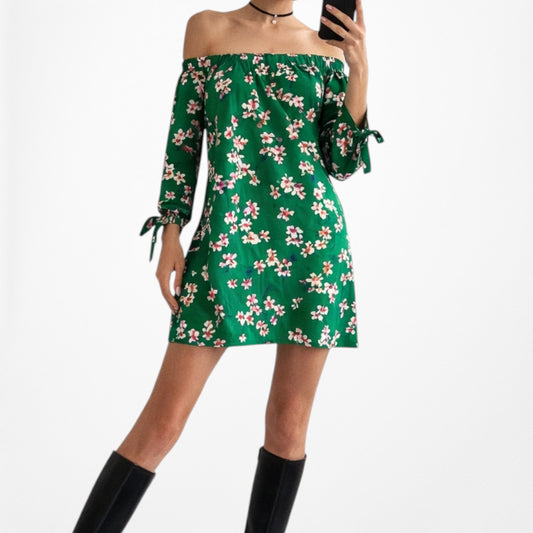 Vintage Y2K Long Sleeve Off The Shoulder Floral Knee Length Shift Dress Size M/L