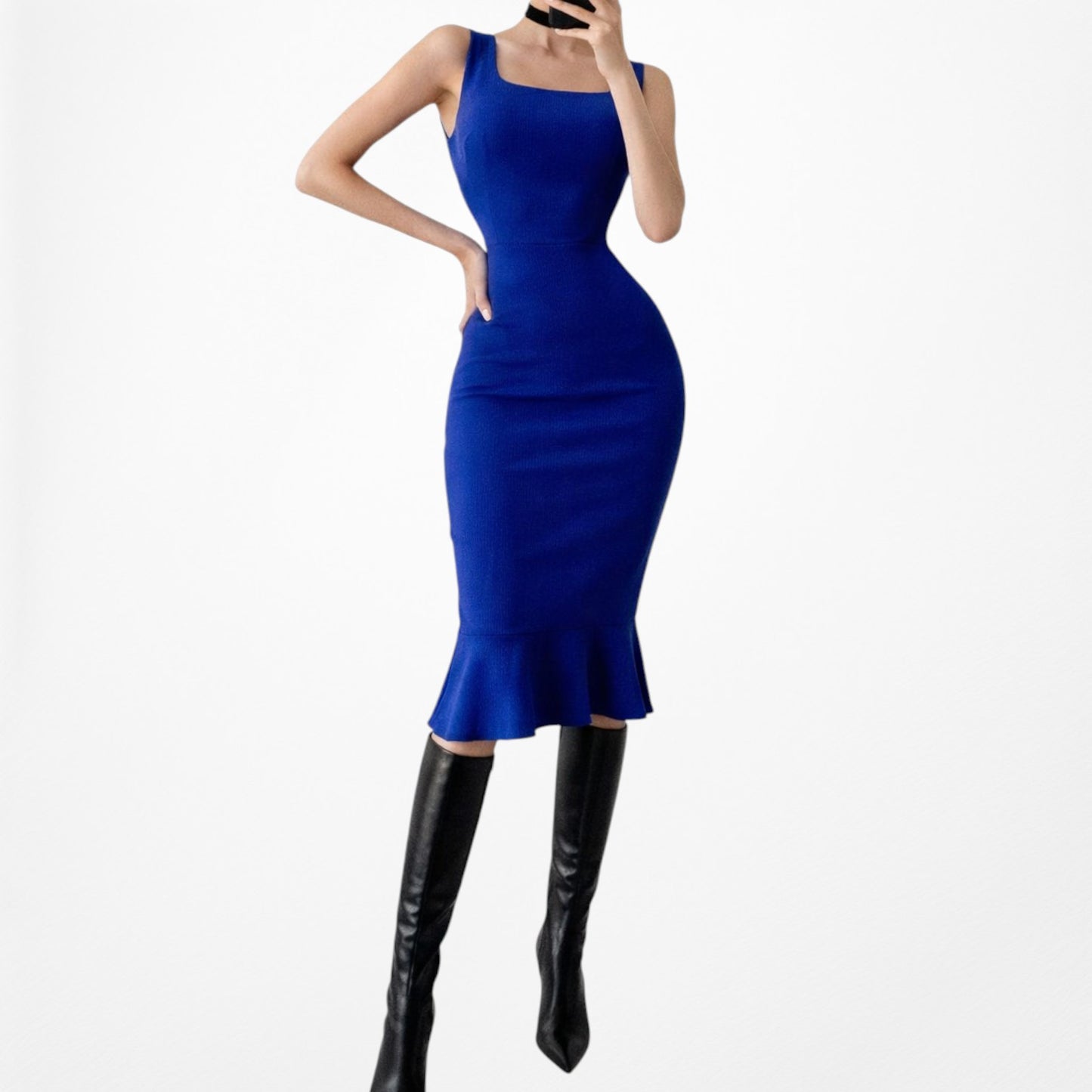 Vintage Y2K Blue Sleeveless Ruffle Knee Length Bodycon Cocktail Dress Size M