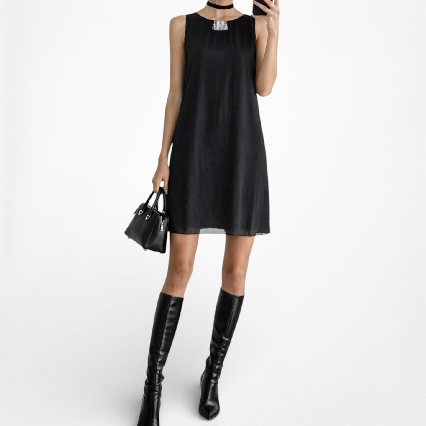 Vintage Y2K Black Sleeveless Rhinestone Pleated Knee Length Shift Dress Size M