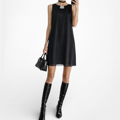 Vintage Y2K Black Sleeveless Rhinestone Pleated Knee Length Shift Dress Size M