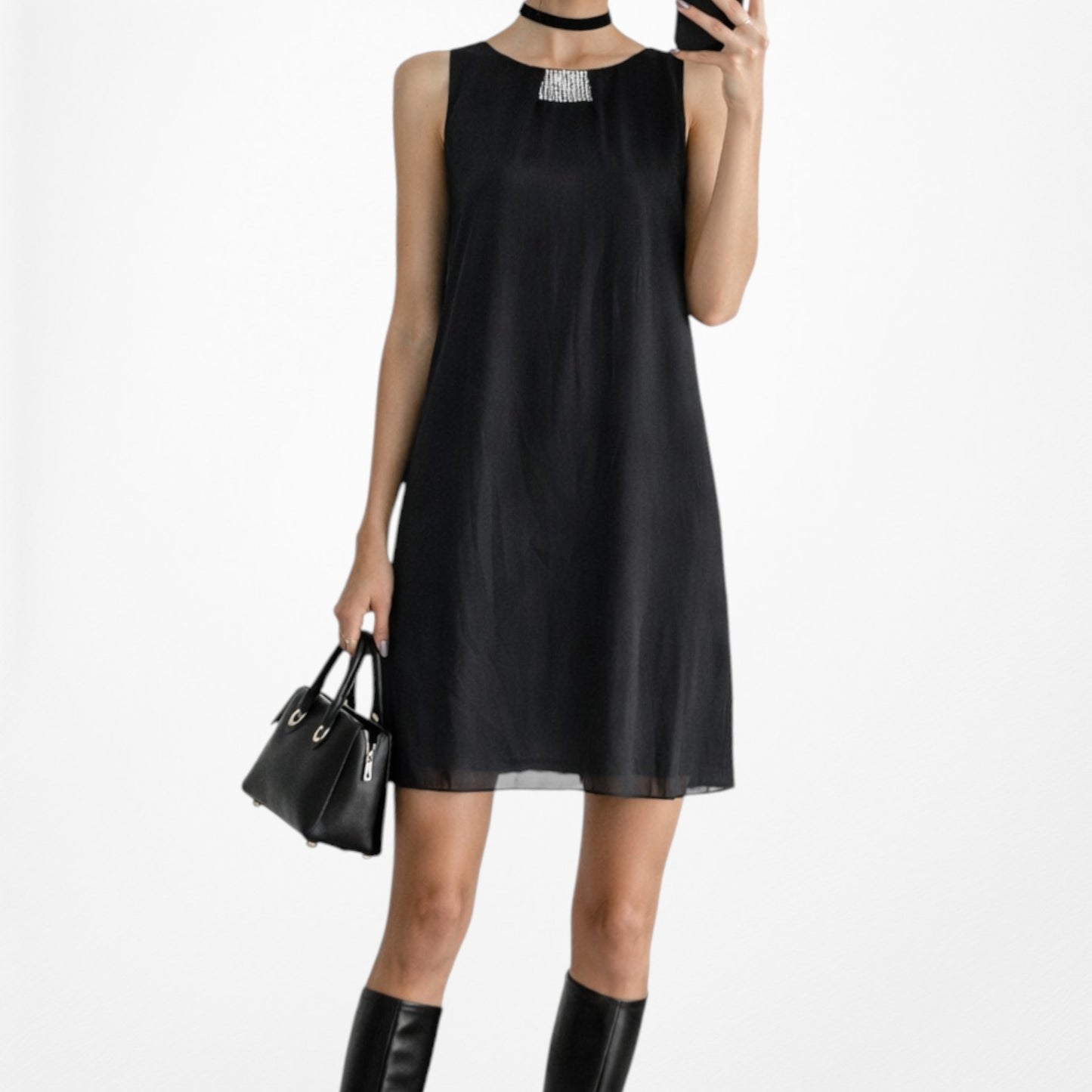 Vintage Y2K Black Sleeveless Rhinestone Pleated Knee Length Shift Dress Size M