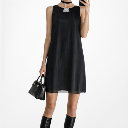 Vintage Y2K Black Sleeveless Rhinestone Pleated Knee Length Shift Dress Size M