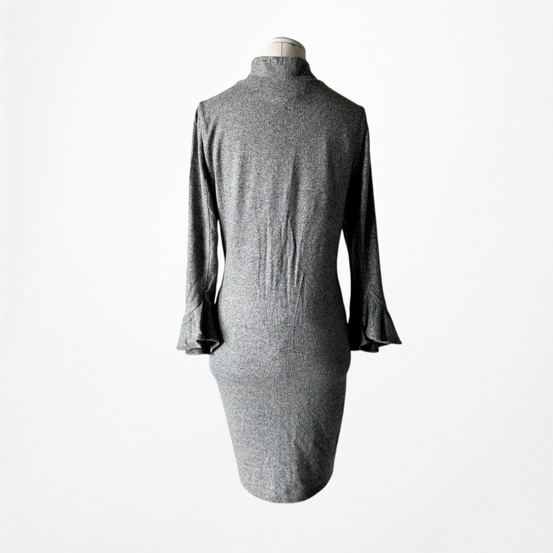Vintage Y2K Gray Knit Long Bell Sleeve Mock Neck Knee Length Dress Size M