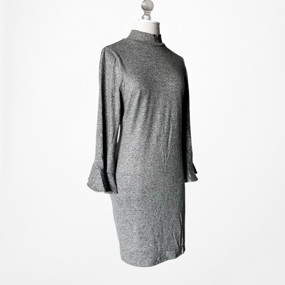 Vintage Y2K Gray Knit Long Bell Sleeve Mock Neck Knee Length Dress Size M