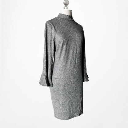 Vintage Y2K Gray Knit Long Bell Sleeve Mock Neck Knee Length Dress Size M