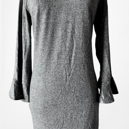 Vintage Y2K Gray Knit Long Bell Sleeve Mock Neck Knee Length Dress Size M