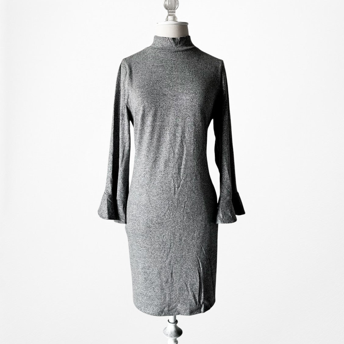 Vintage Y2K Gray Knit Long Bell Sleeve Mock Neck Knee Length Dress Size M